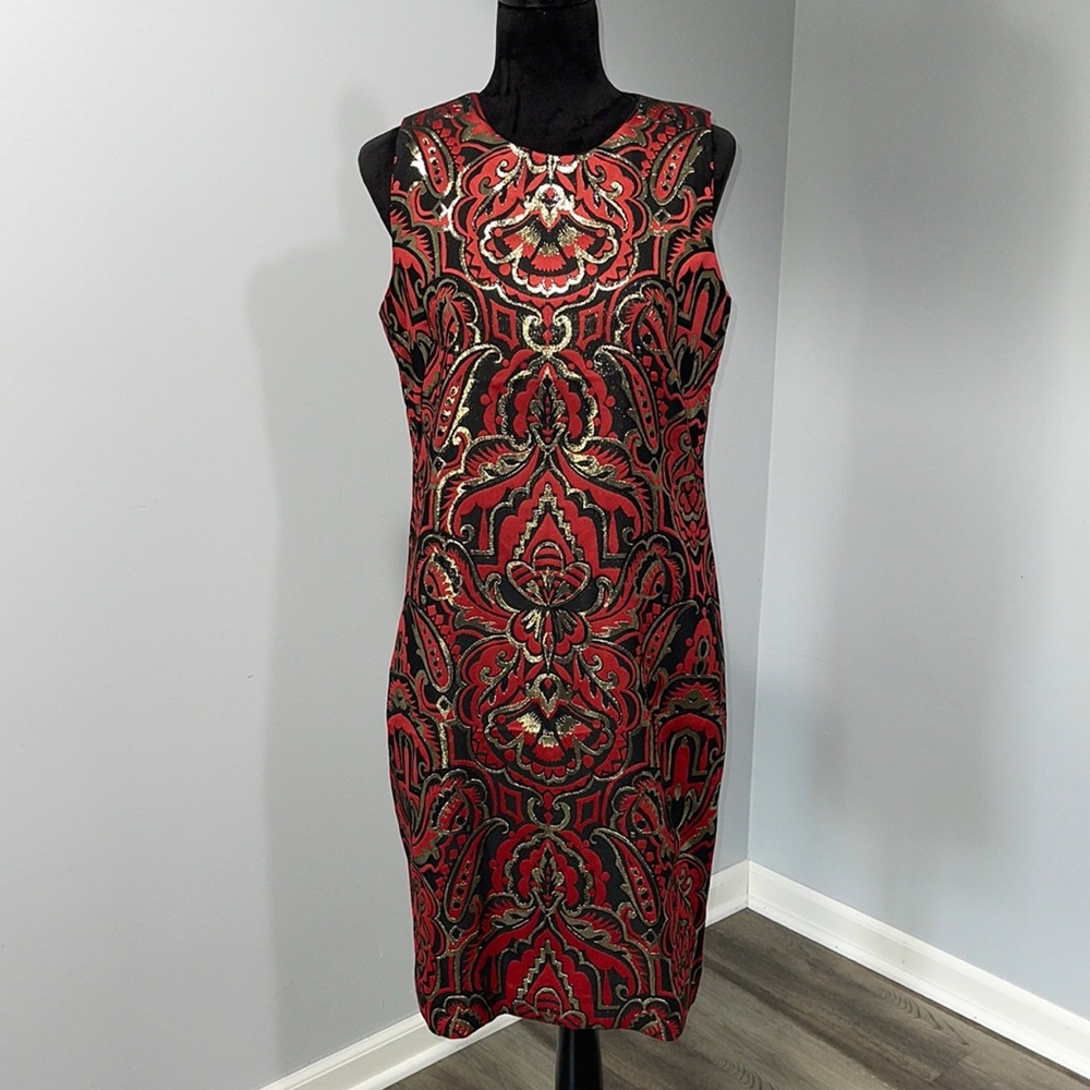 J.McLaughlin Belinda Dress Red Black Gold Metallic Size 10 sheath style